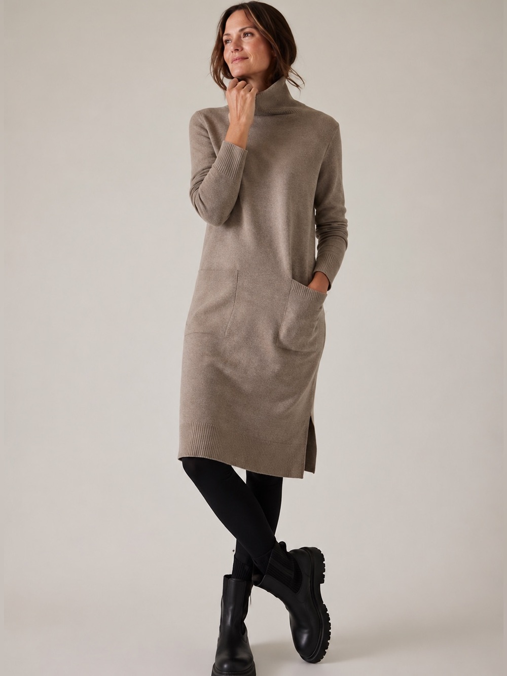 Athleta Alpine Wool Cashmere Turtleneck Sweater Dress Classic Camel Medium Tall